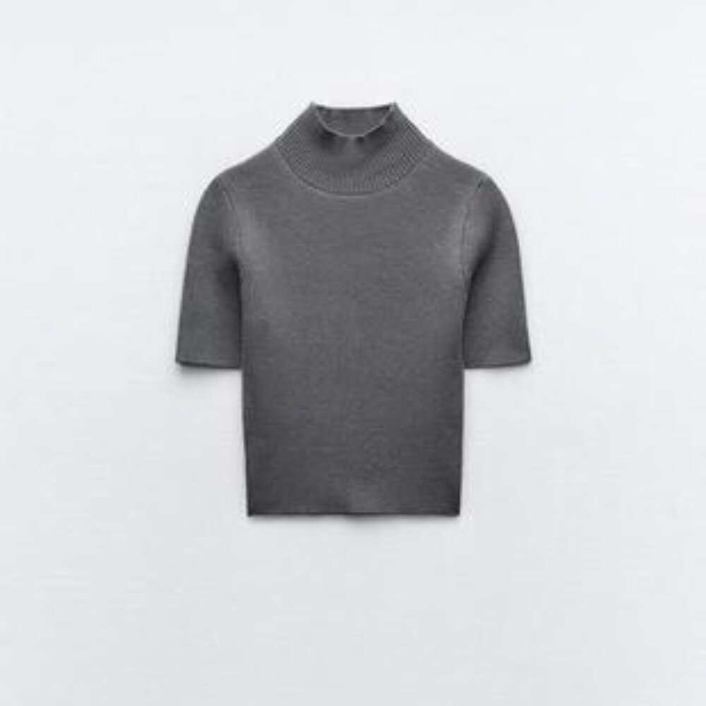 NWT ZARA GRAY SHORT SLEEVE MOCK NECK SWEATER, SIZE: XS